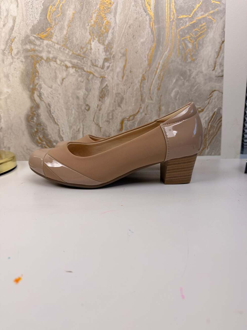 Comfort bunion Shoes Unit Nude Patent Round Toe Block Heel Dress Pumps